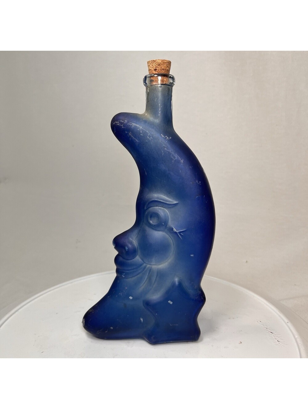 Vintage Cobalt Blue Moon Face Bottle Man in Moon Decanter Bridgeview Riesling